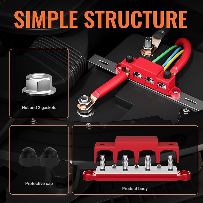 Joinfworld Bus Bar 12V 250A Power Distribution Block 4 x 3/8" Studs Marine Bus Bar 12 Volt Battery Busbar Terminal Block for Automotive, Car, Boat, Solar Wiring - Negative&Positive