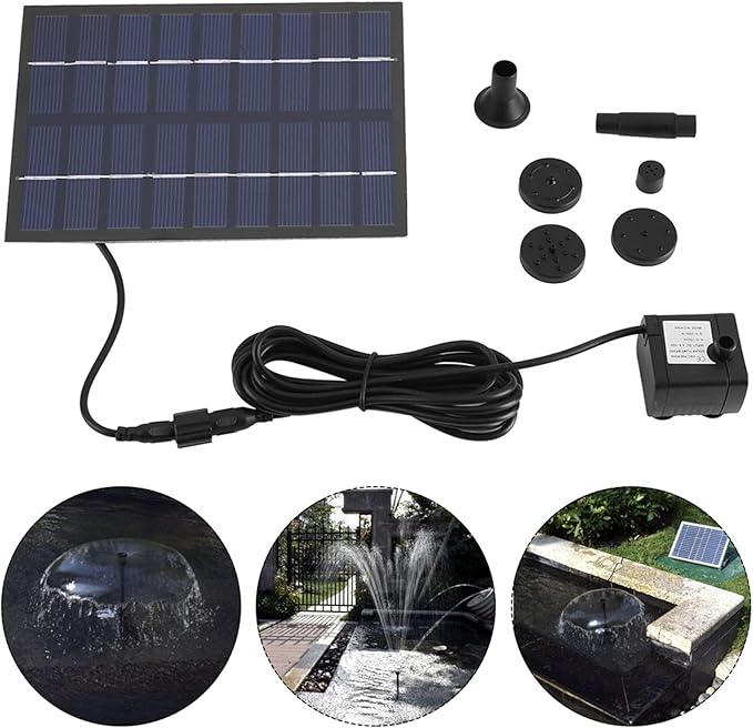 Solar Fountain Pump, Solar Powered Water Fountain Separate Panel Kit DIY Small Fountain Pond Pump Kit with Nozzles for Bird Bath Outdoor Garden Patio Backyard Pool Aquarium Fish Tank 1.8W
