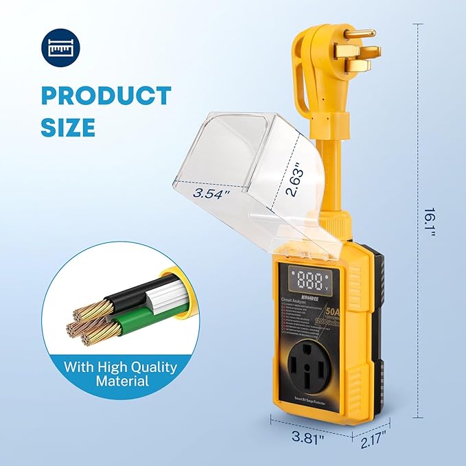 Kohree RV Surge Protector 50 Amp with High/Low Voltage Protection, Auto Shut Off, 12000 Joules 50 Amp RV Surge Protector Waterproof, All-in-1 Circuit Analyzer w/LED Display for RV Camper, Yellow