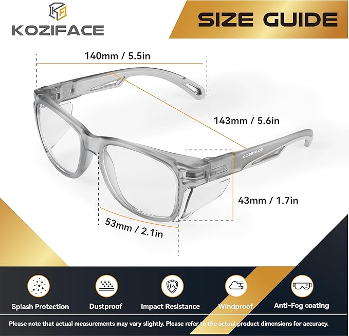 KOZIFACE E52 Anti-Fog Safety Glasses, ANSI Z87.1 Eye Protection with Side Shields, Clear Lens, Lightweight for Work, Lab DIY