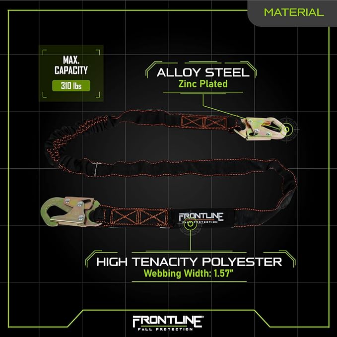 FRONTLINE FALL PROTECTION Internal 6' Shock Absorbing Single Leg Lanyard | ANSI & OSHA Compliant