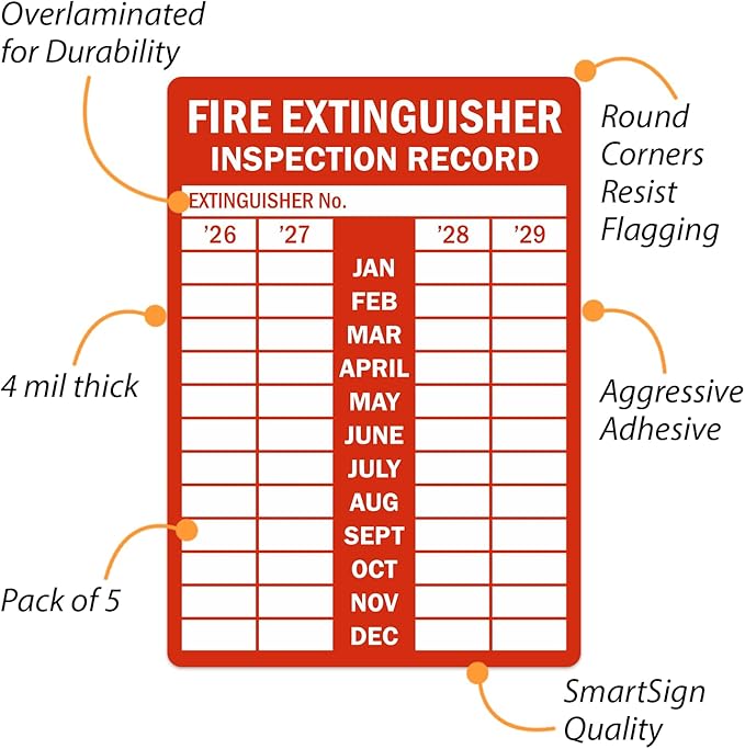 SmartSign “Fire Extinguisher Inspection Record” Pack of 5 Labels | 3.5" x 5" Laminated Vinyl Sticker, Made in USA