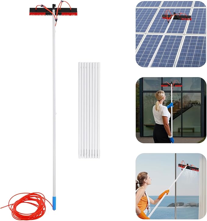 30.18FT Long Reach Solar Panel Cleaning Brush Kit, Water Fed Pole Cleaning Kit, Pole Extendable Cleaner Tool for Roof Window Cleaning, 65.62Ft Water Pipe, 21.65in 180° Adjustable Brush Head