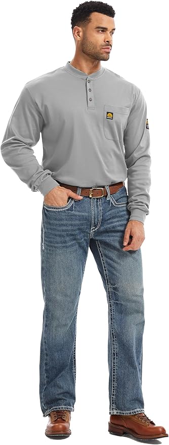 WORKWEYA 6.5oz Flame Resistant Henley Shirt 100% Cotton Lightweight FR Shirts for Men