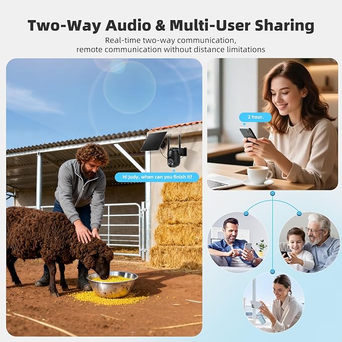 4G LTE Cellular Security Cameras Solar Powered No WiFi Security Camera Outdoor Wireless Built-in SIM Card 2K Color Night Vision 360° View Motion Detection 2-Way Audio 1 Pack