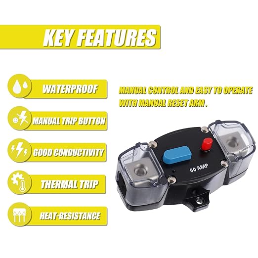 60A 12-48 Volt DC Self Recovery Circuit Breaker with Manual Reset Button for Automotive Rv Marine Boat (60Amp)