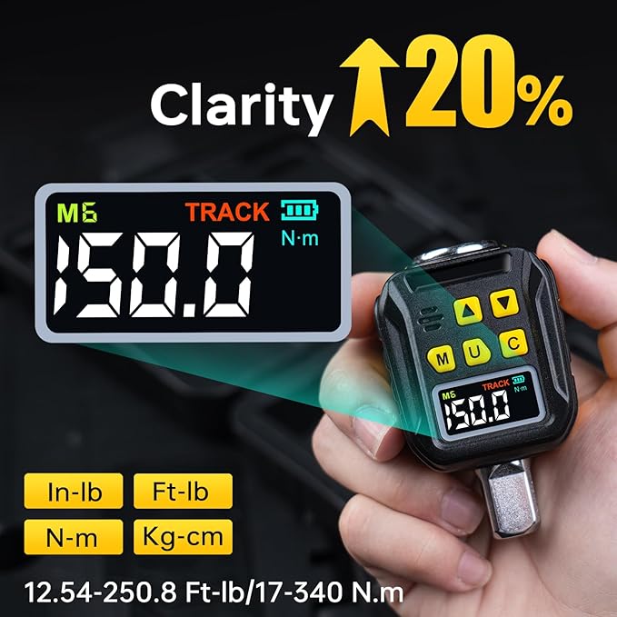 1/2" Drive Digital Torque Adapter, 12.5-250Ft-lb/17-340 Nm, Color LCD Display, Digital Torque Wrench Adapter with ±2% Accuracy, Torque Wrench Calibration Tool for Torque Meter for Auto,Moto