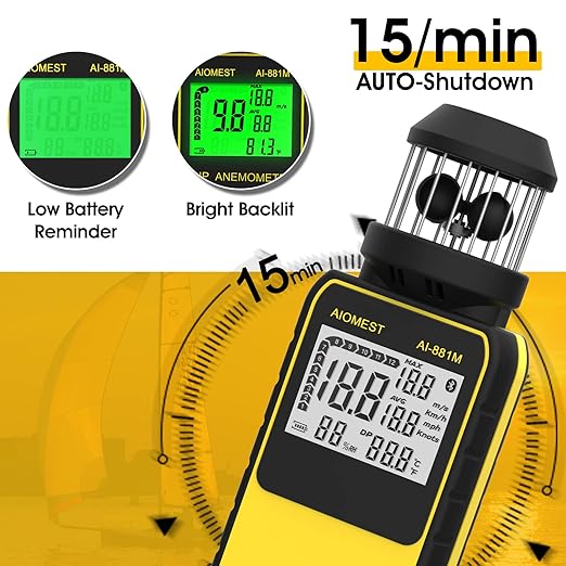 AIOMEST Handheld Wind Cup Anemometer with Direction, Digital Wind Speed Meter Gauge Measure 1.5~93MPH Air Flow Velocity, Wind Temp for Outdoor Hunting Shooting Drone Surfing HVAC - AI-881M