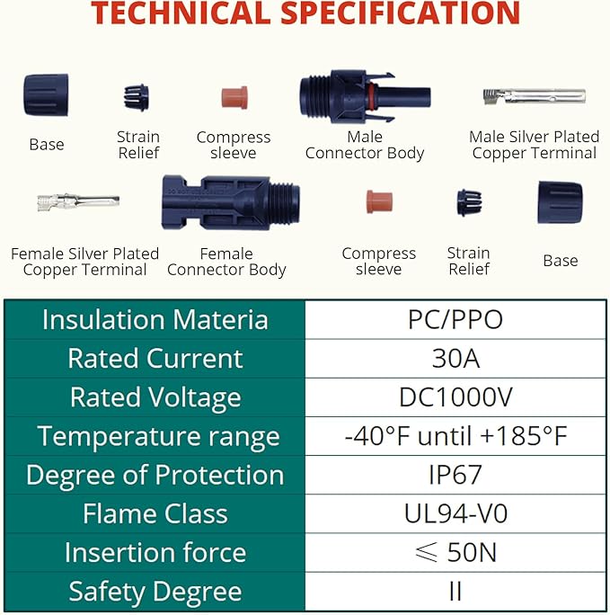 Premium Solar Panel MC-4 Connectors, 30PCS, with 1 Pair Spanner, Reliable IP67 Waterproof Solar Connectors, 15 Pair Designed for Solar Panels