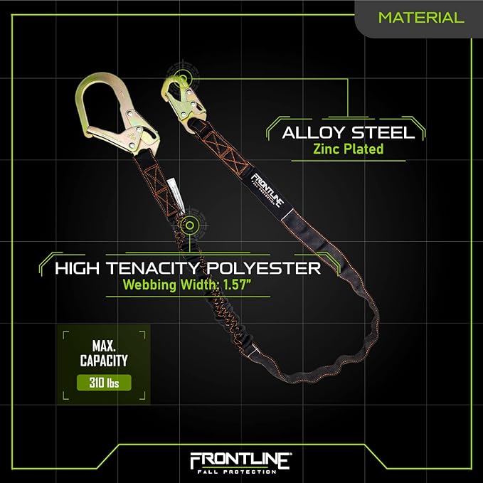Frontline LIS61R Combat Single Leg 6' Rebar Hook End Lanyard with Internal Shock Absorber | Single Leg with Rebar Hook End | ANSI & OSHA Compliant | 5000 lbs. Min. Breaking Strength