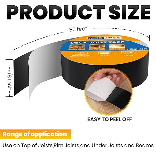 ADHES Deck Joist Tape, 1-5/8" x 50', 6 Rolls Weather Resistance & Waterproof Butyl Joist Tape for Decking, Deck Flashing Tape, Ideal for Wood Decks Beams Roof, Outdoor Construction Use