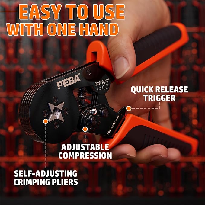 PEBA Ferrule Crimping Tool Kit, AWG 28-7 Self-Adjusting Ratchet Wire Crimper with 21 Sizes Tinned Copper Terminals (8/9/10/12mm), Square Ferrule Crimping Pliers Set for Professional Electrical Wiring