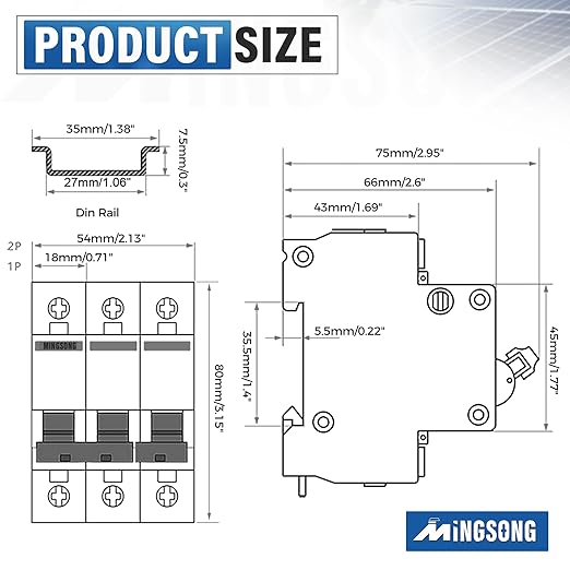 DC Solar Panels Disconnect Switch 20 Amp Solar Shut Off Switch 12V-400V 3 Poles AC Miniature Circuit Breaker for PV Homes, AC 110V DIN Rail MCB