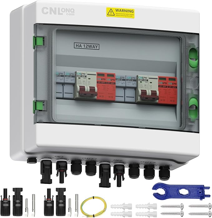 2 String Solar PV Combiner Box 2 in 2 Out IP65 DC500V 32A Circuit Breaker with Surge Protector and 20A PV Fuse,Solar Disconnect Switch Outdoor Waterproof for Solar Panels System