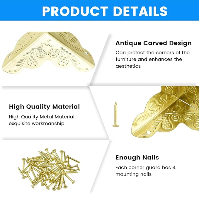 SDTC Tech 12 Pack Furniture Corner Protector 1" x 1" Antique Gold Triangle Edge Decorative Metal Corner Guard for Storage Box Jewelry Case Cabinet Coffee Table Wooden Chest etc.