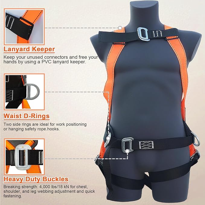 Safety Harness Fall Protection Kit,INTERNAL Shock Absorbing Landyard&Hook Full Body Safety Harness for Construction,Roofing Work Harnesses,OSHA/ANSI Compliant(Orange)