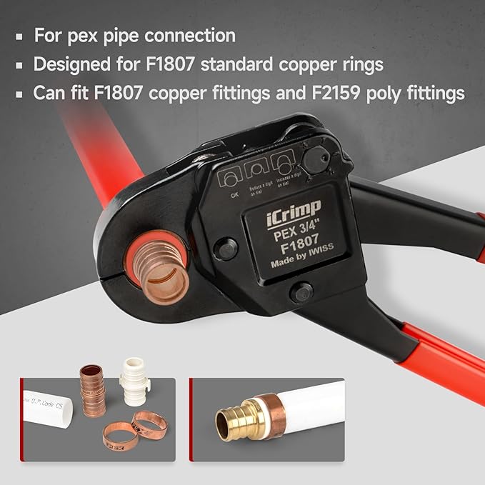 iCrimp Angle Head F1807 PEX Pipe Crimping Tool for Copper Rings - 3/4-inch Angle Single Crimper, Suitable for Tight Spaces