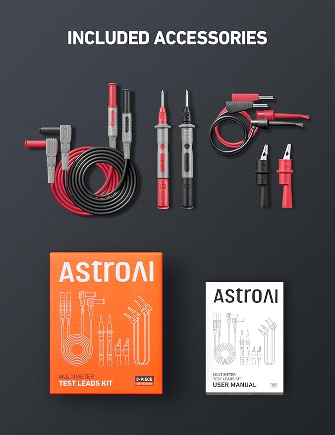 AstroAI 8Pcs Multimeter Test Leads Set with Alligator Clips, Plunger Mini Hooks and Test Probes 1000V 10A CAT III & CAT IV 600V for Fluke, KAIWEETS, INNOVA Multimeter, Voltmeter, Clamp Meter