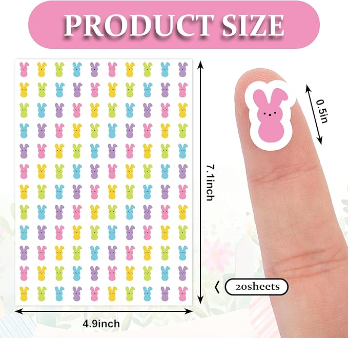 JarThenaAMCS 2400Pcs Mini Easter Bunny Sticker Pastel Rabbit Paper Decal 5 Colors Animal Adhesive Sticker for Planner Reward Envelope Scrapbook DIY Supplies, 0.5 in
