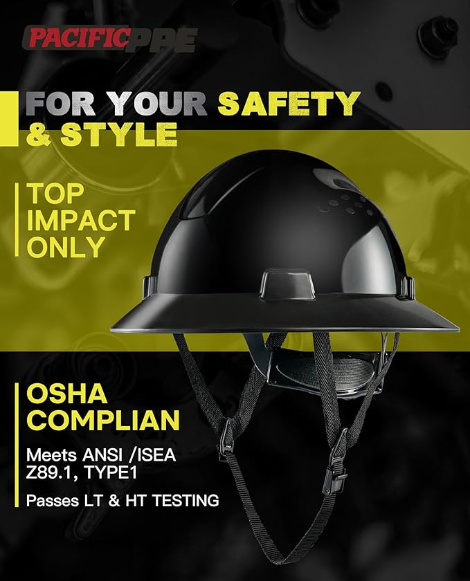 PACIFIC PPE Full Brim Hard Hat, OSHA Construction Safety Helmet Certified to ANSI Z89, 4 Point Adjustable Ratchet Suspension, Class E, G & C, Black