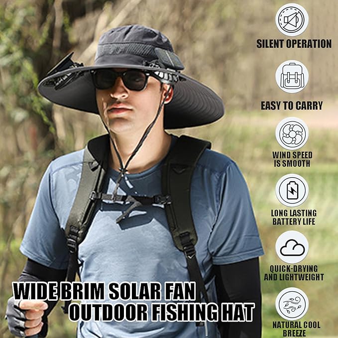 Sombrero Con Ventilador Solar, Solar Fan Hat,Wide Brim Sun Hat with 2 Detachable, for Outdoor Fishing,Hiking Gardening