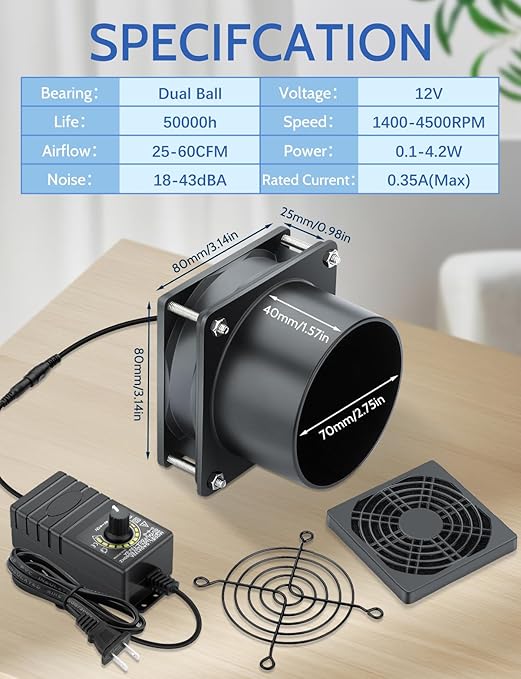 Wathai 80mm 12V DC Axial Exhaust Fan Small Fume Extractor with AC Plug, Dual Ball Speed Controller – for Soldering, 3D Printer Enclosure, Ventilation, DIY Cooling