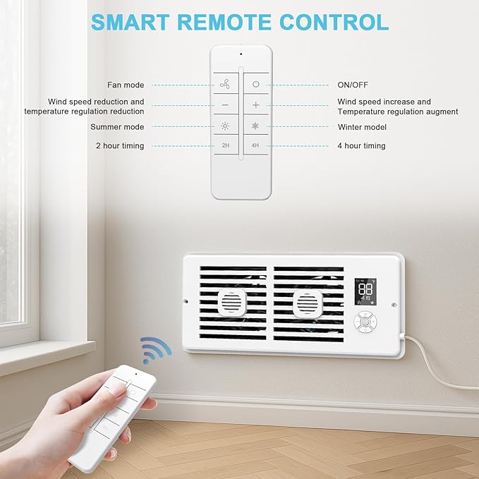 Register Booster Fan for 4" x 12" Vents Only,10 Speeds to Control Cool & Warm Airflow, Air Conditioning Vents with LED Screen Remote & Thermostat Control, for Room Walls & Floors (White)