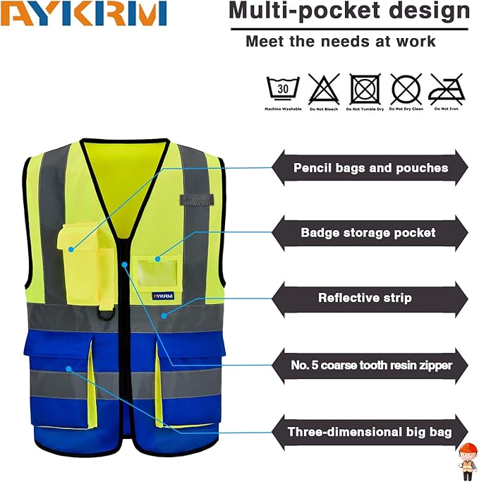 SMALL High Visibility REFLECTIVE Safety Vest Yellow Blue with 4 Reflective Strips 7 Pockets