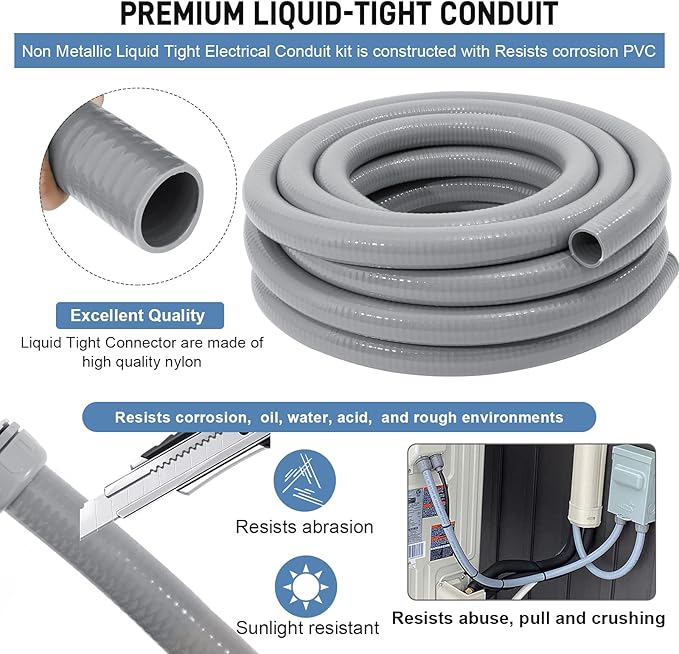 DWALE Liquid-Tight Conduit and Connector Kit,Flexible Non Metallic Liquid Tight Electrical Conduit,1-1/2inch 25ft Electrical Conduit Kit,with 4 Straight and 3 Angle Fittings Included,1-1/2 in. Dia