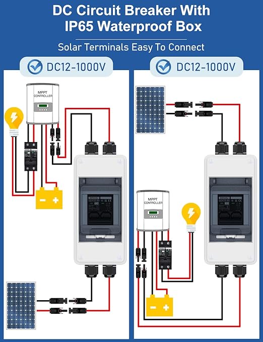 DIHOOL DC 1000V Circuit Breaker, Non Polarized, 30 Amp, 2 Pole, AC DC Disconnect Switch Box Outdoor, Battery Cutoff Isolator, PV Array MCB