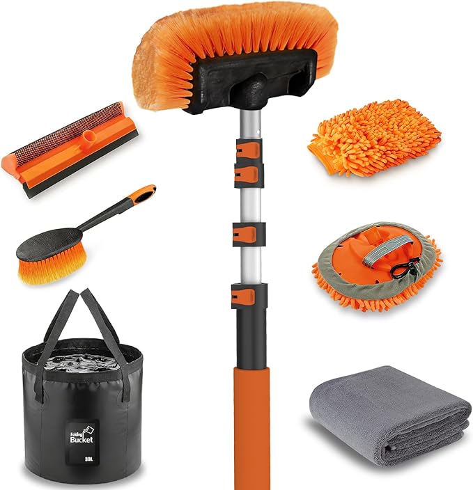16FT Car Wash Brush with Long Handle, Car Cleaning Kit with Soft Bristle Wash Brush, Microfiber Cleaning Mop, Window Squeegee, Mitt, Wheel Brush, Bucket, Drying Towel for RV, Truck, Boat