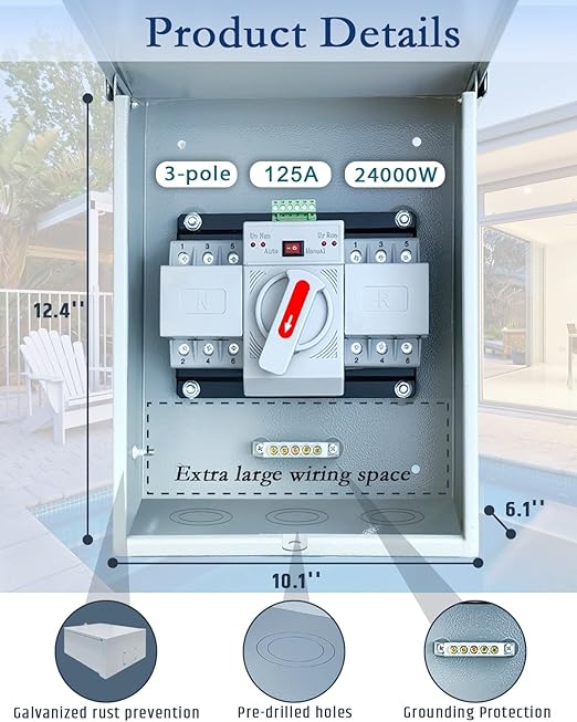 125A Automatic Transfer Switch for Generator, 3P, 120/240V Dual Power Generator Transfer Switch Meeting NEMA 3R Standards for Outdoor and Indoor