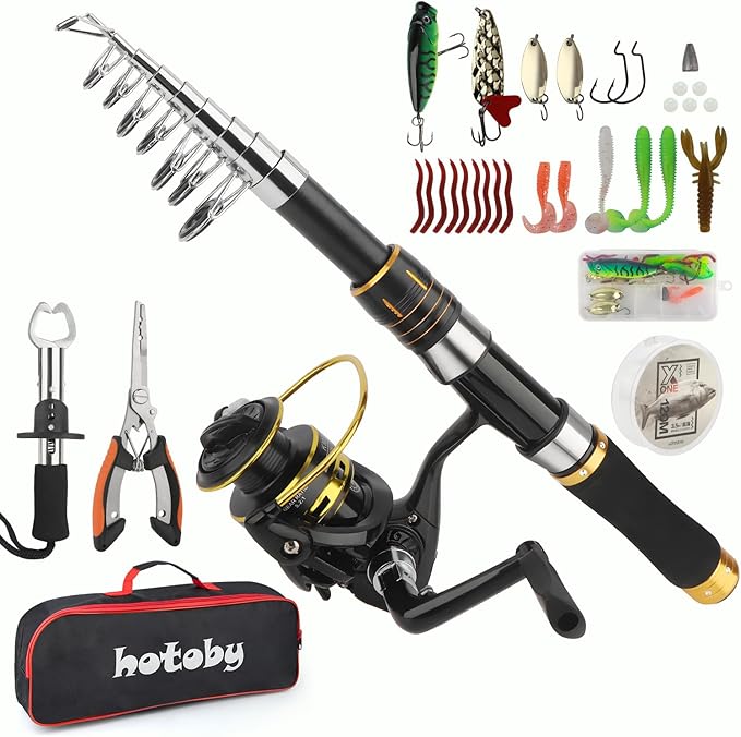 Fishing Pole Combo Set, 6.89ft Fishing Rod and Reel Combo, Carbon Fiber Telescopic Fishing Rod Kit with Spinning Reel, Fishing Pliers, Lip Gripper, Line, Lures for Beginner Angler