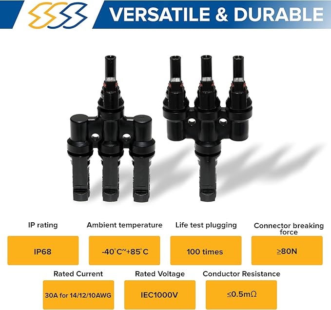 2 Pcs Solar T-Connectors IP67 Waterproof Solar Panel Cable Connectors | Solar String Splitter/Joiner - (1-3 (M/FFF and F/MMM)- 1 Pair)