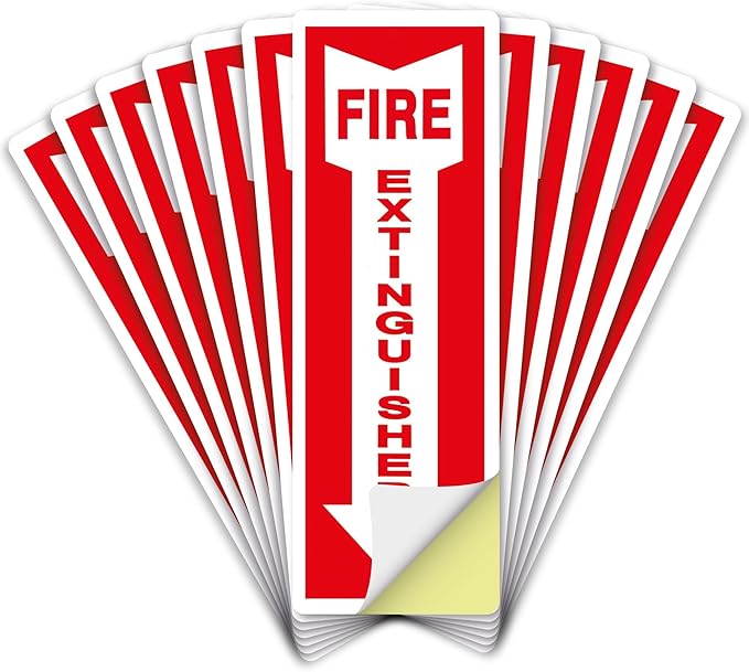 OLANZU Pack of 100 Fire Extinguisher Stickers 4"x 12"- 5 Mil Vinyl - Fire Extinguisher Sign for business with Arrow- Durable Self Adhesive, Weatherproof and UV Protected-Ideal for Office, Home and Outdoor places