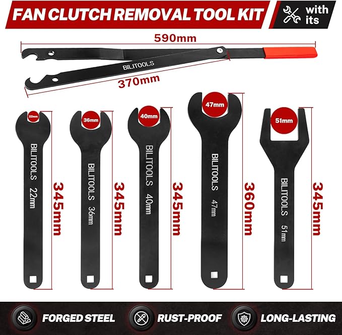 BILITOOLS Fan Clutch Removal Tool Kit, Fan Clutch Wrench Set 22 36 40 47 51 MM with Pulley Holder