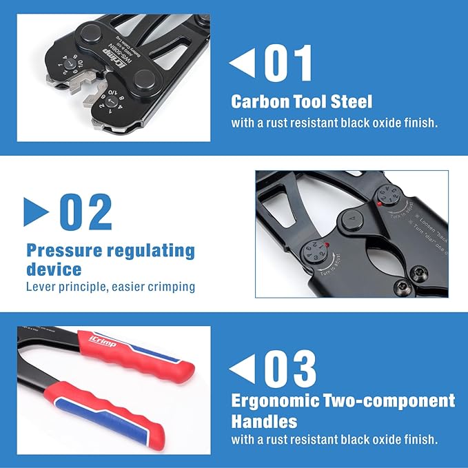 iCrimp IWS-50BN Battery Cable Terminal Crimping Tool Kit for 8, 6, 4, 2, 1, 1/0AWG Battery Cable Lugs, with Battery Cable Cutter and Wire Stripper