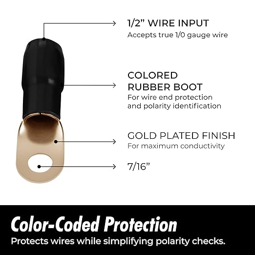 InstallGear 1/0 Ring Terminal Connectors - 1/0 Gauge AWG Tinned Pure Copper Lugs with Heat Shrink (20Pack-10 Positive/10 Negative) Electrical Connectors, Heat Shrink Wire Connectors for 1/0 Gauge Wire