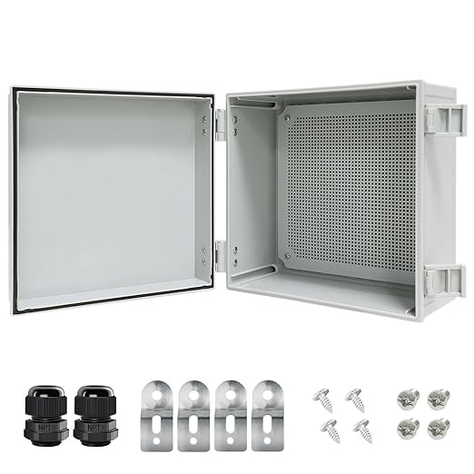 Junction Box IP65 Waterproof Electrical Box Outdoor ABS Plastic Project Box Hinged Shell Universal Enclosure Box with Mounting Plate, Wall Brackets, Cable Glands 11.8" x 11.8" x 7.1"