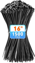 Zip Ties, KAMOTA 1500pcs 16 Inch Heavy Duty Self-Locking Nylon Zip Ties, Black Cable Ties with 50lb Tensile Strength, UV Resistant Cable Tie for Indoor and Outdoor Use