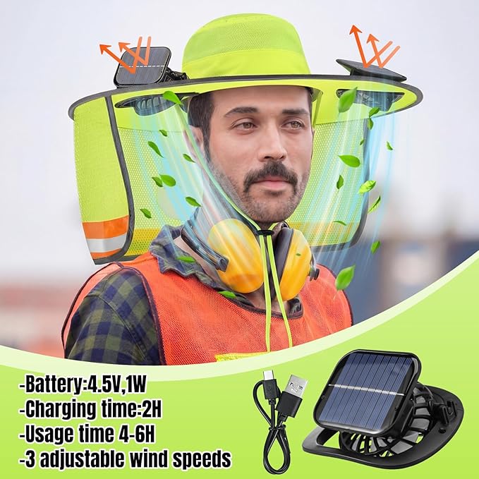 2 Pcs Sun Hat with Fan Solar&USB Powered for Men Women UPF 50+ UV Protection Wide Brim Safety Sun Hat for Out Work