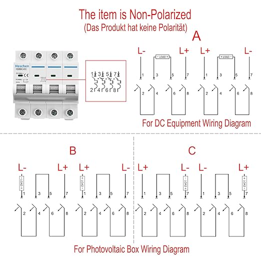 Heschen DC Miniature Circuit Breaker, HSB6C-DC, 4 Poles, DC1000V 16A, Photovoltaic Circuit Breaker, for Solar PV System Solar Panels Grid System, 35mm DIN Rail Mounting