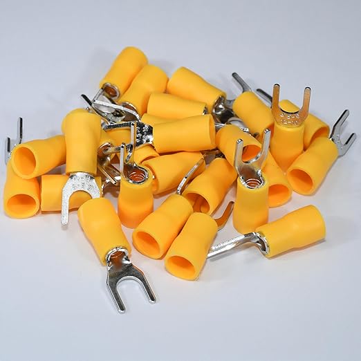 PAPUGA 25PCS 12-10 AWG (4-6 mm2) #10 / M5 Insulated Fork Spade Crimp Connector, 600V 48A, CE RoHS Power Lug for Inverter Solar & Marine Wiring, Automotive & Marine