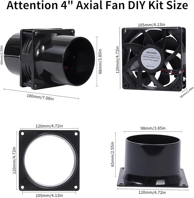 120mm 12V Exhaust Duct Fan Kit with Dual 4" Flange Adapters Stepless Speed Controller High-CFM for 3D Printer Laser Engraver Soldering Fume Extractor Grow Tent and DIY Ventilation Projects