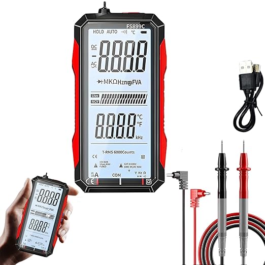 Digital Multimeter FS899L Upgraded - USB Rechargeable 6000 Counts True RMS Tester with Color Screen, Auto-Ranging for Home/Industrial/Car Electrical Testing (FS899C)