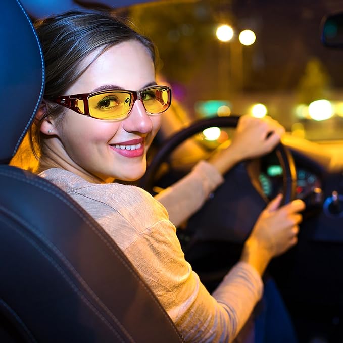 URUMQI Night Vision Driving Glasses Fit Over Eyeglasses for Men Women, Anti Glare Polarized Nighttime Glasses Yellow Lens