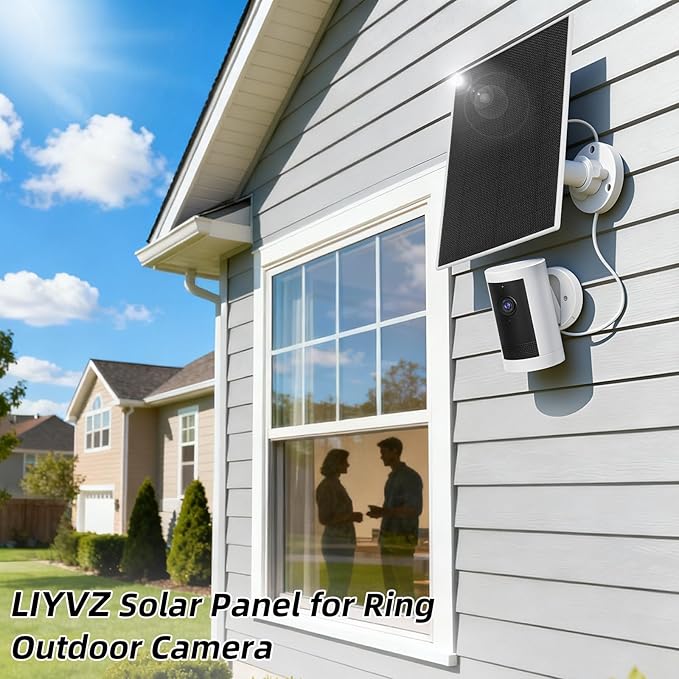 LIYVZ Solar Panel for Ring Camera, 5W Solar Charger with Battery Ring Spotlight Cam & Stick Up Cam, Outdoor Camera with 13FT DC Barrel Plug and USB-C Adapter, White