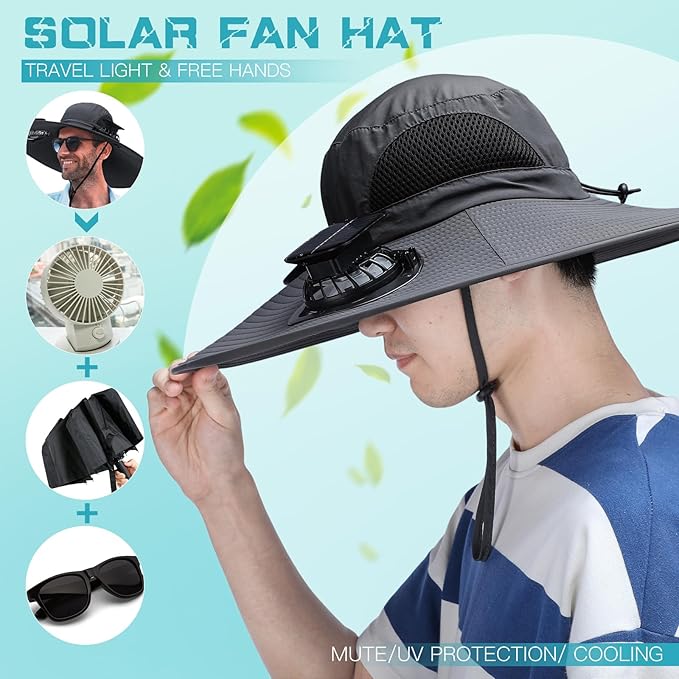 Berlune Men Sun Hat with 2 Solar Fans Wide Brim Outdoor Fishing Hat USB & Solar Powered for Sun Protection Camping Hiking