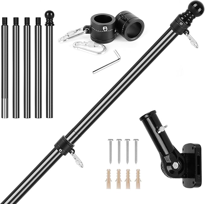 6FT Carbon Fiber Flag Pole, Flagpole for Outside House, Porch Flagpoles, Tangle Free Black Flag Pole Kit, Wind-Resistant, Bend-Resistant, Rust-Free (Includes Bracket, Plain Carbon Fiber)