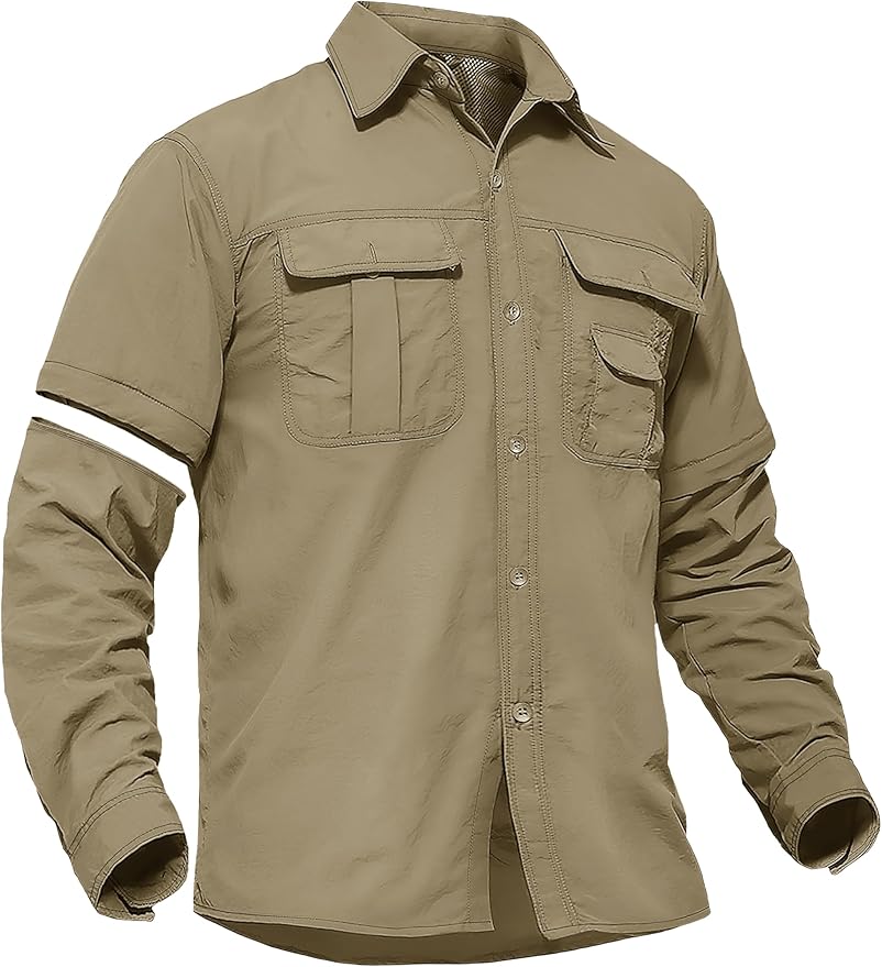 TACVASEN Men's Convertible Long Sleeve Fishing Shirts Lightweight Quick Dry Button Up Tactical Sun Shirts for Safari Hiking